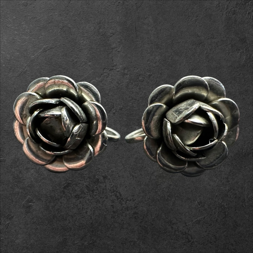 Unmarked Rose Flower Earrings Silver Tone Vintage Screw Back 3D - Picture 5 of 7
